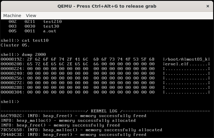 Terminal screenshot of a hobby OS running in QEMU