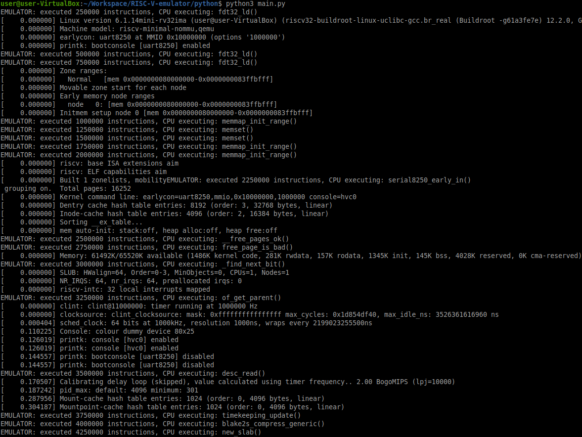 Terminal log of a RISC-V CPU emulator booting Linux