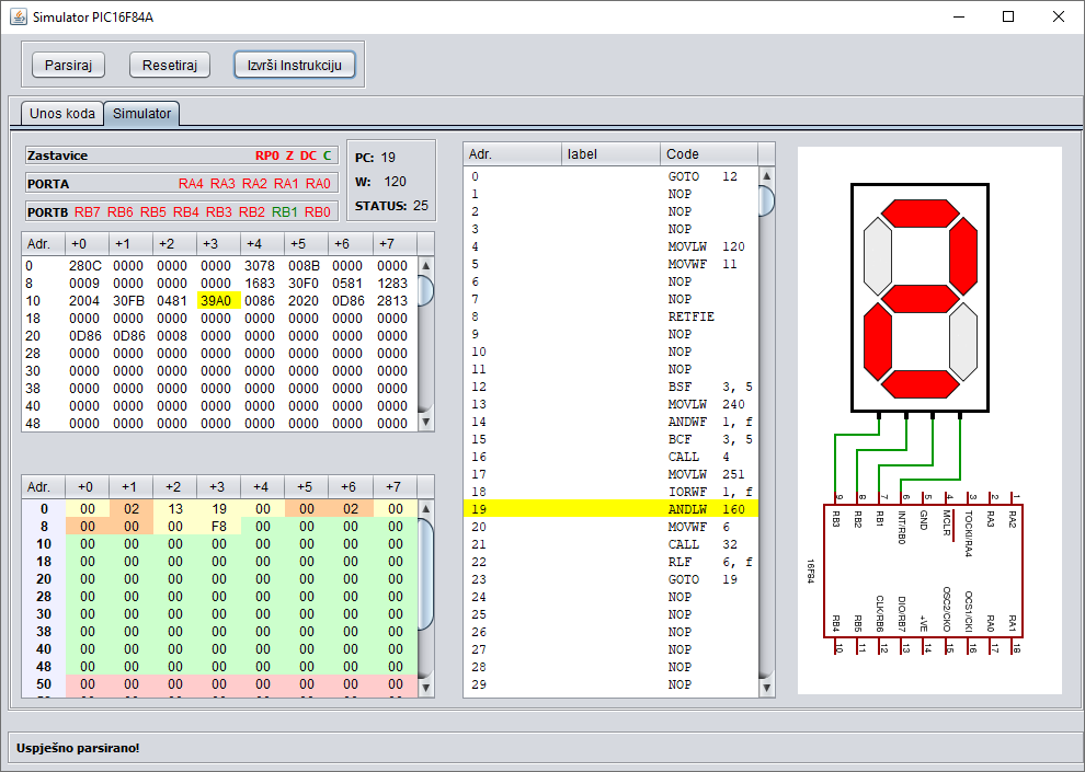 Screenshot of a PIC16 microcontroller emulator